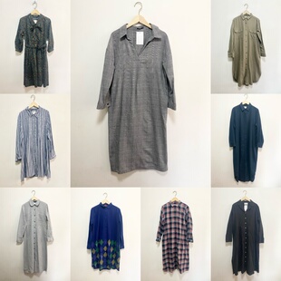 天天古着长款连衣裙vintage复古日系衬衫裙格子长袖春秋裙L15f