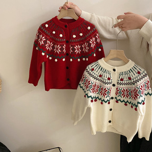 女童秋冬季2025新款复古慵懒风撞色提花毛衣开衫加绒牛仔裤两件套