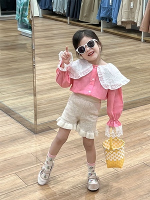 韩版童装女童春秋刺绣大翻领粉色娃娃衫搭配毛线针织短裤套装