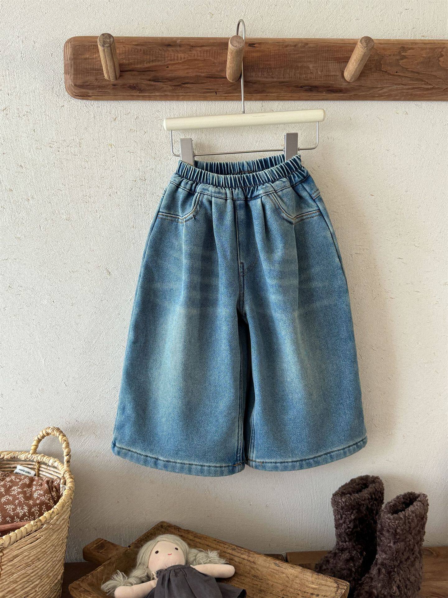 韩版2025秋冬季女童新品加绒加厚浅色牛仔阔腿裤百搭洋气直筒裤潮