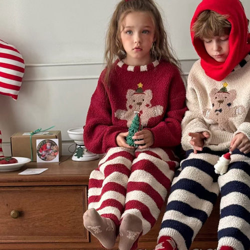 秋冬儿童休闲宽松半边绒家居服套装男女中小童圣诞小熊卡通睡衣潮