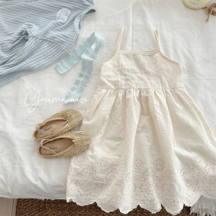 儿童刺绣吊带连衣裙2025春夏韩版女童宝宝大花边裙摆无袖叠穿长裙
