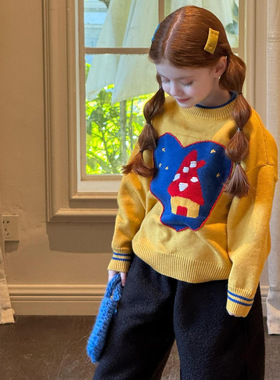 韩系童装2025冬季新款女童毛衣可爱童趣黄色圆领套头上衣洋气百搭