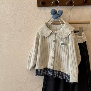 2025秋季新品韩版宽松百搭下摆拼格子时尚洋气翻领开衫花边领上衣