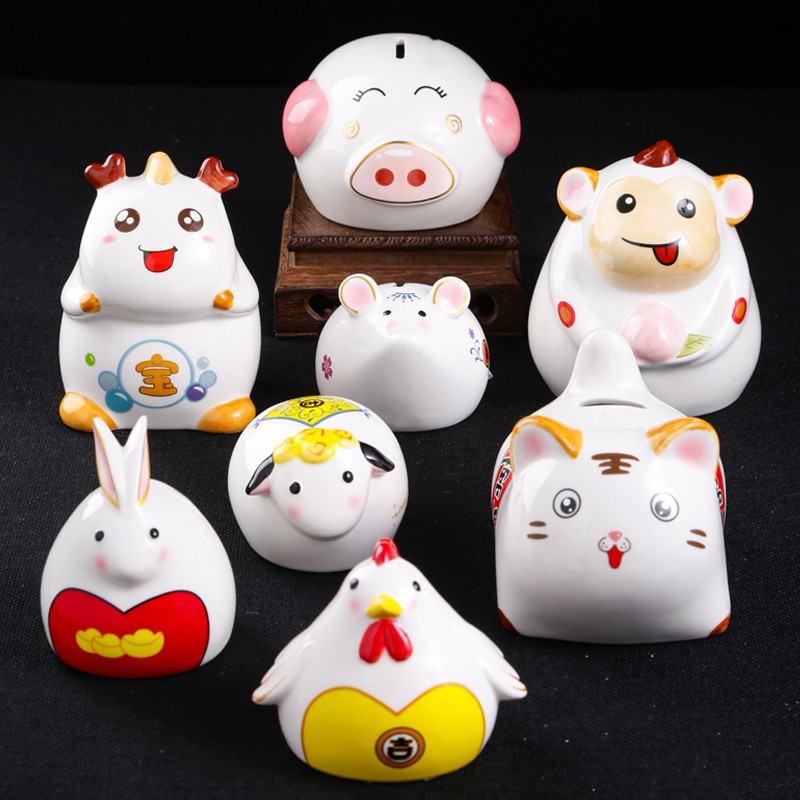 十二生肖摆件全套陶瓷存钱罐生肖龙马鼠本命年小工艺品可爱家居饰