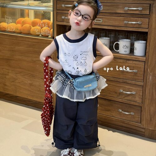 Opolala女童夏款背心屁帘裤套装藏青色屁帘工装裤白色背心