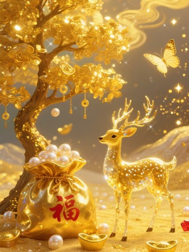 带框钻石画满钻AB彩钻贴钻绣中式客厅新款黄金摇钱树金色发财鹿