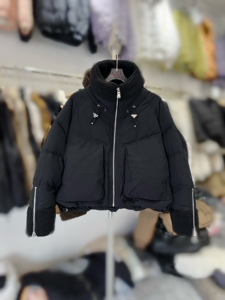 新款羊羔毛立领短款羽绒服时尚休闲面包服欧货拼接外套宽松小个子