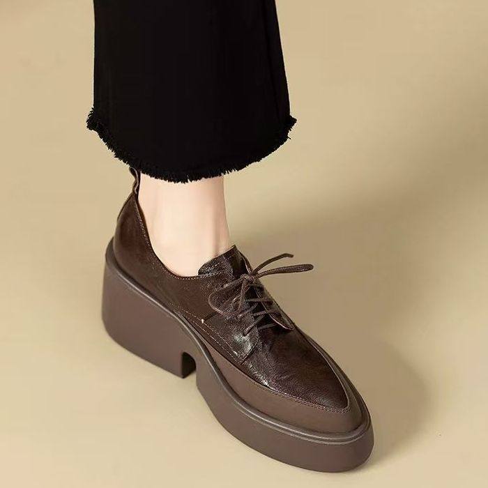 英伦风复古尖头系带小皮鞋女2025秋新款软皮单鞋女粗跟厚底乐福鞋,女鞋,浅口单鞋,淘宝优惠券,粉丝福利购,淘宝优惠卷