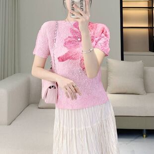 三宅压花印花彩色新款时尚褶皱扎染印花高弹力短袖薄T恤女上衣潮
