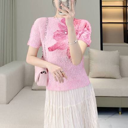三宅压花印花彩色新款时尚褶皱扎染印花高弹力短袖薄T恤女上衣潮