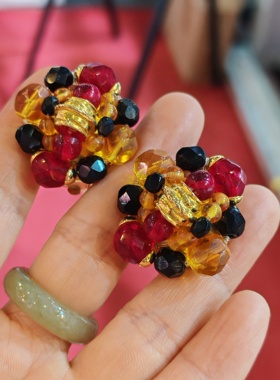 法国中古品牌打标vintage树脂串珠耳夹