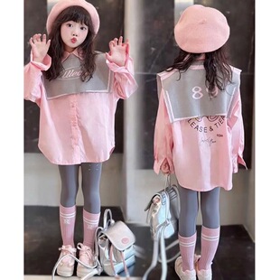 女童连衣裙春秋款时尚新款韩版洋气中大童粉色衬衫裙披肩潮两件套