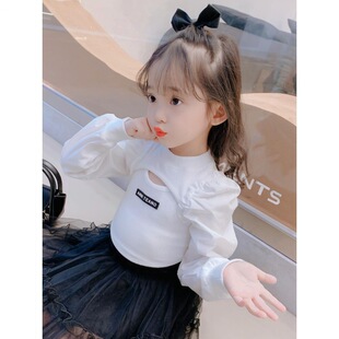 女童上衣洋气春装新款2022韩版宝宝泡泡袖棉T恤修身网红T恤螺纹棉