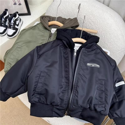 男童夹棉外套加厚2025新款洋气冬季痞帅风连帽棒球服假两件潮上衣