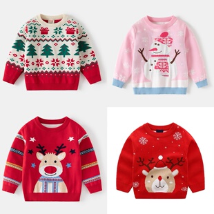 亲子装儿童红色圣诞毛衣男女宝宝圣诞树雪人卡通加厚针织衫上衣
