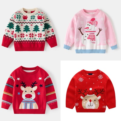 亲子装儿童红色圣诞毛衣男女宝宝圣诞树雪人卡通加厚针织衫上衣