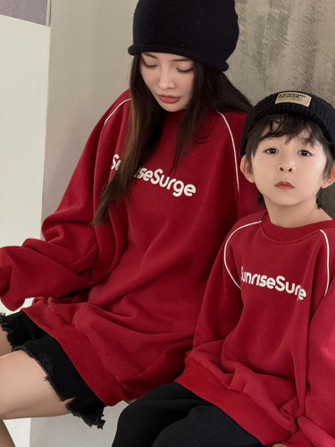 亲子装母女加绒卫衣2025新款韩版机车一家三口红色儿童洋气潮上衣
