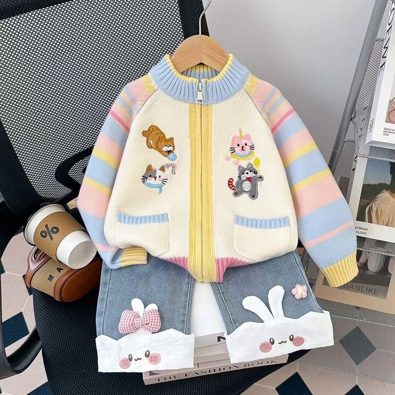 女童针织开衫秋冬2025新款儿童韩版卡通刺绣洋气毛衣外套春秋上衣