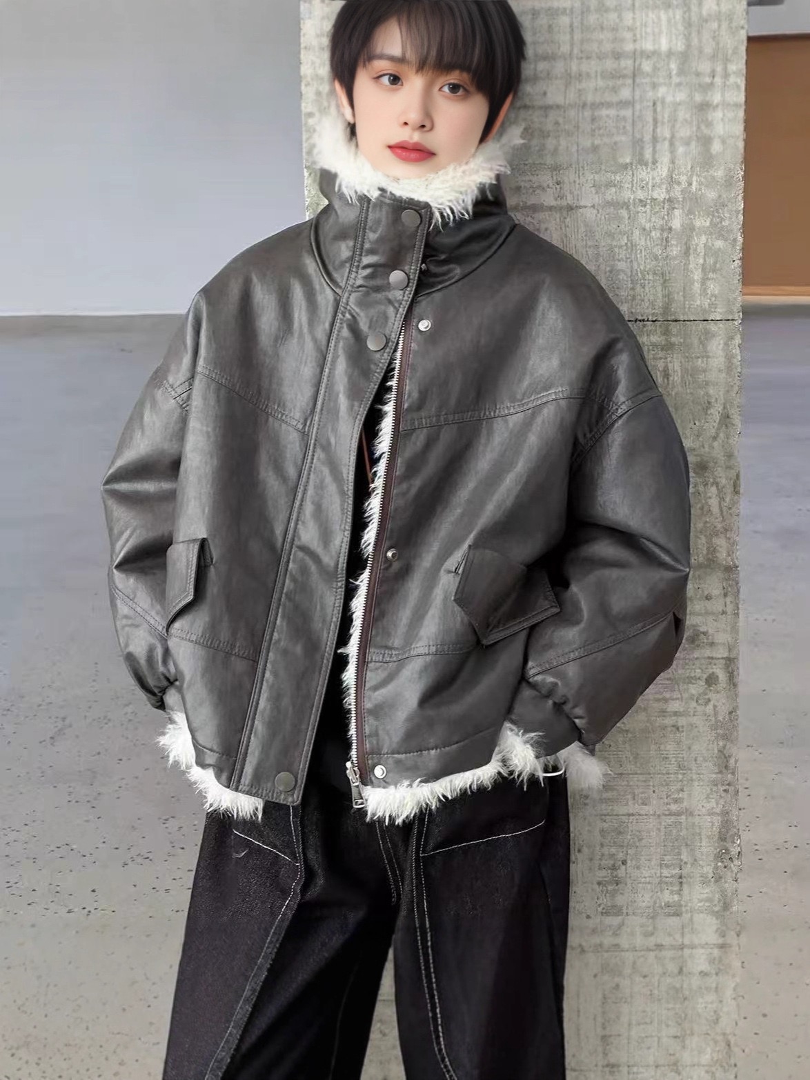 亲子装儿童加绒加厚皮外套2025新款男女童毛毛派克服皮衣大衣夹克