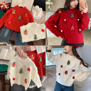 亲子装儿童红色圣诞毛衣2025款男女童喜庆雪人加厚针织衫毛衣上衣