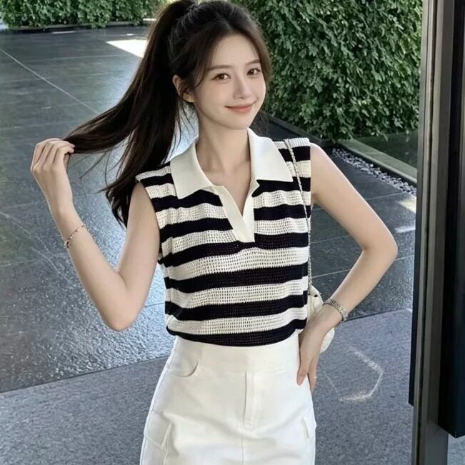 韩味气质条纹polo领针织衫女无袖显瘦百搭毛衣背心