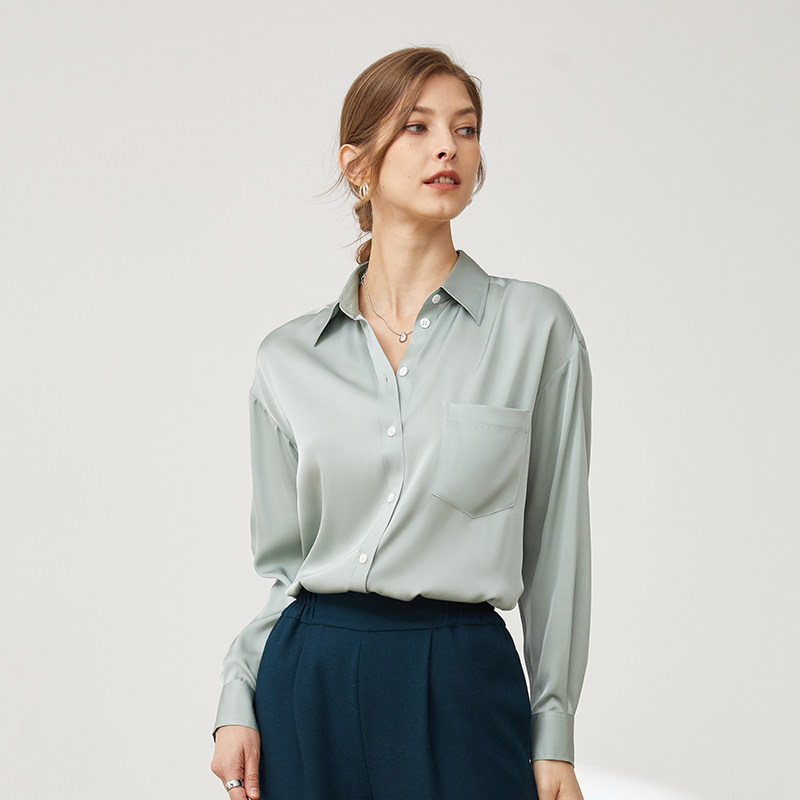拓美2026春新款重磅真丝简约基本款衬衫桑蚕丝绿色丝滑口袋长袖女