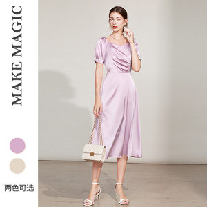 拓美2025年夏季新款桑蚕丝不对称褶灯笼袖大摆气质真丝连衣裙女装