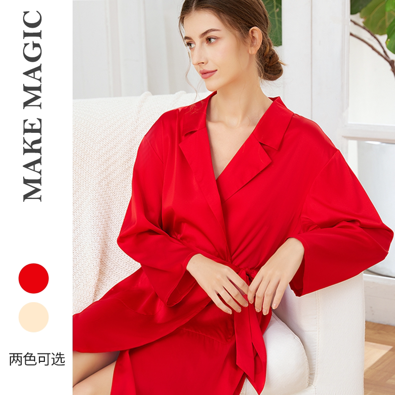 拓美真丝2025秋款新年红缎面桑蚕丝家居服真丝睡袍晨袍四季可穿女