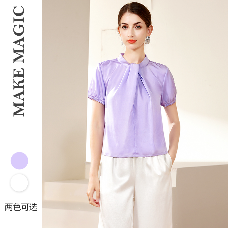 拓美2026夏季新款女装法式高级感衬衫桑蚕丝圆领宽松打结真丝半袖