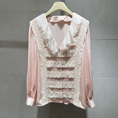 浪漫蓄丝真丝衬衫清新穿搭 粉嫩蕾丝上衣荷叶边门襟