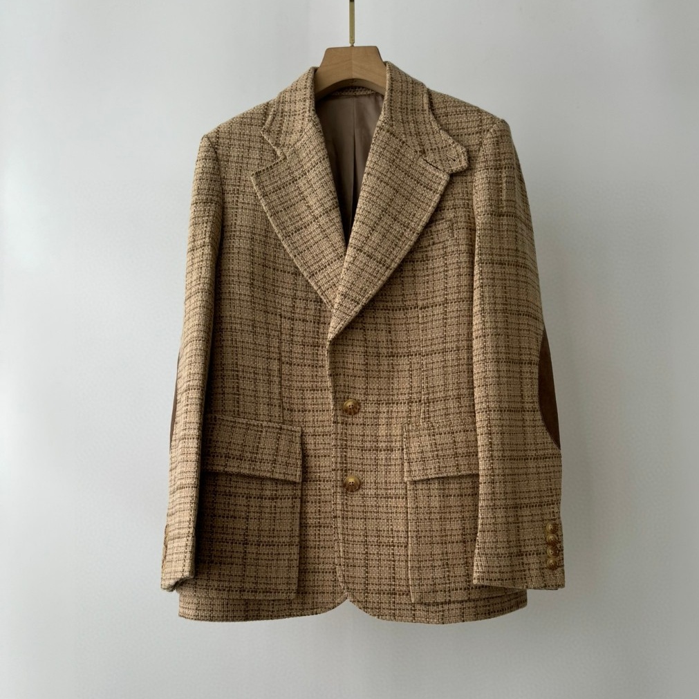 早秋新款重磅高货加厚羊毛真丝混纺法式经典人字纹格子西装外套女