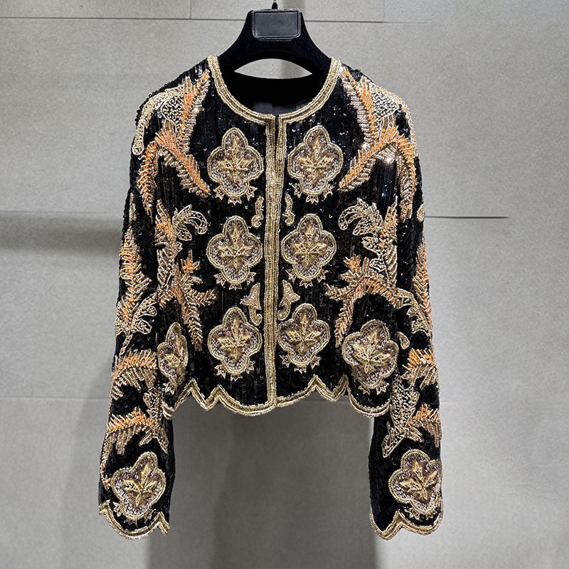 【OGARMA】复古优雅巴洛克风黑色手工珠片金色刺绣喇叭袖短外套,女装/女士精品,短外套,淘宝优惠券,粉丝福利购,淘宝优惠卷