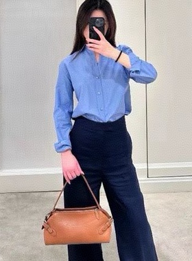 OGARMA朱珠同款RL紫标2026早秋新款雾霾蓝纯棉同色系贝母扣衬衫