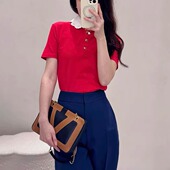 经典 OGARMA 红镂空古铜色金属V扣领口重工刺绣polo上衣