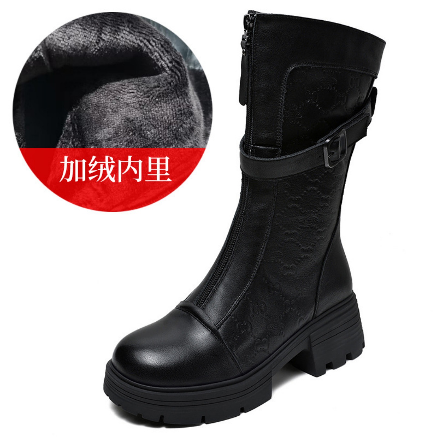 前拉链头层牛皮压花马丁靴女秋冬