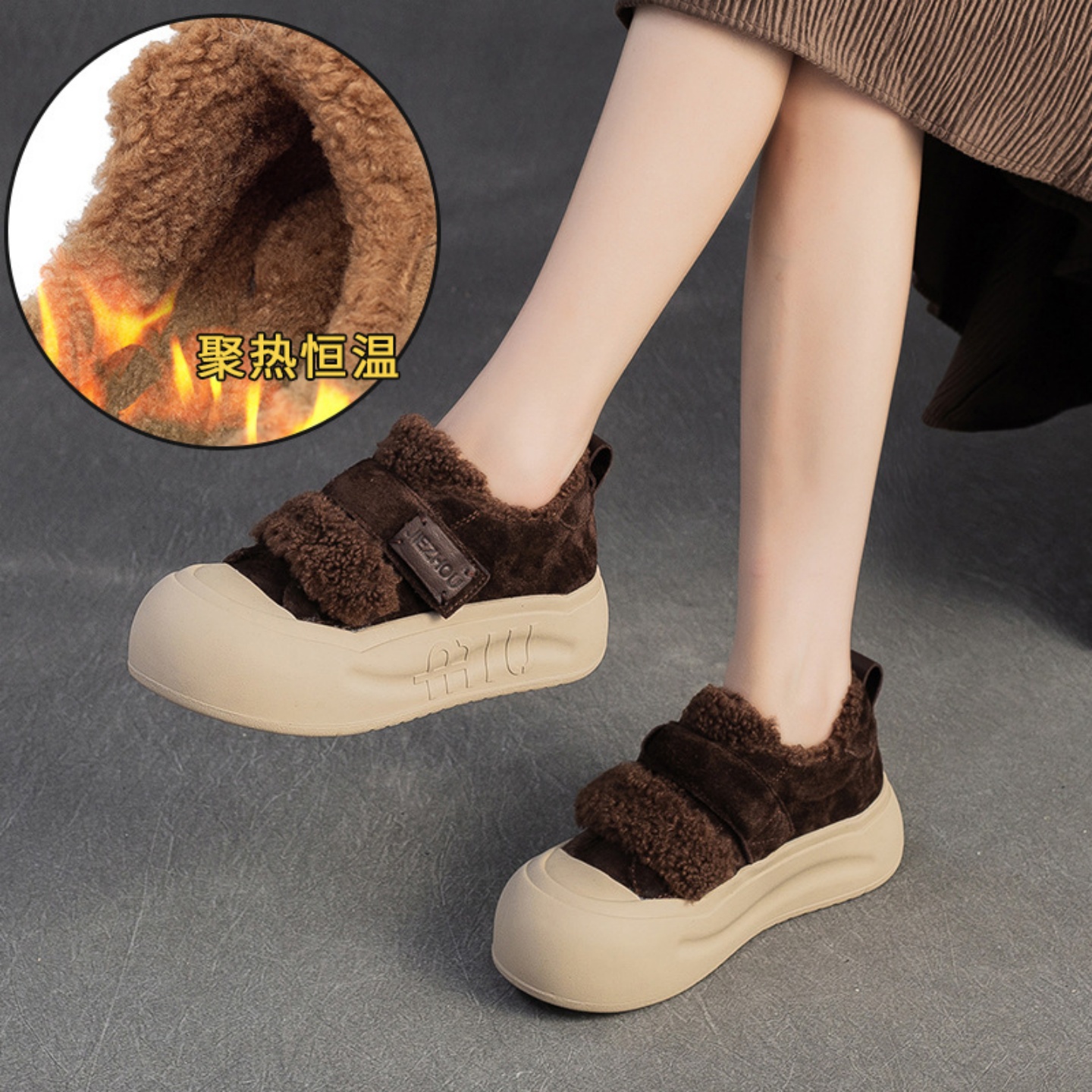 冬季头层牛皮加绒保暖百搭棉鞋
