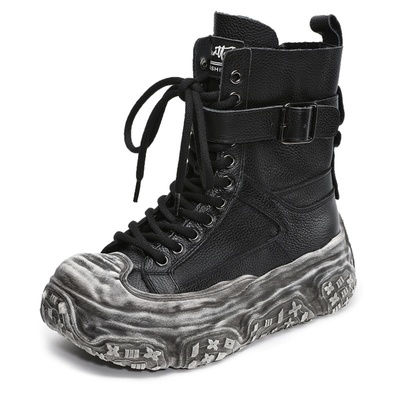 原创头层牛皮厚底复古做旧潮鞋女