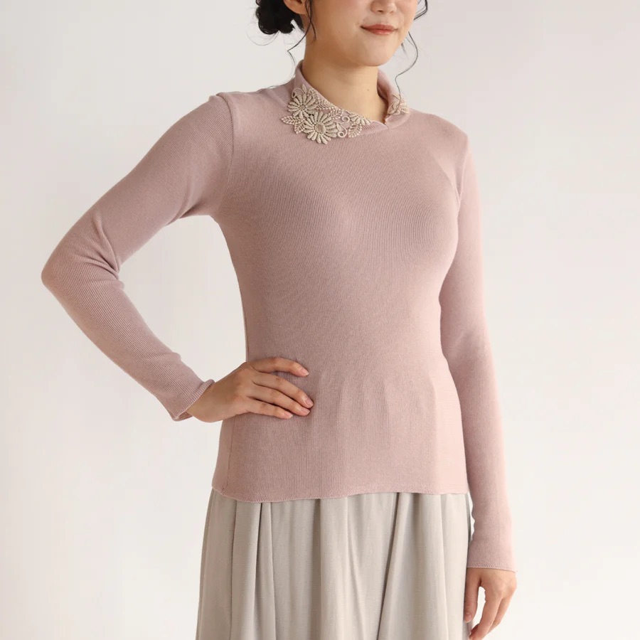 羊绒+棉蕾丝刺绣高领针织毛衣衫