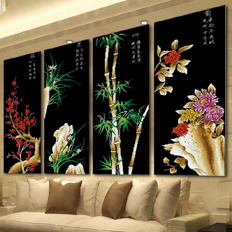 纯棉线绣套装黑底梅兰竹菊客厅