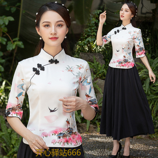 祺袍两件套新款改良立领复古套装女旗袍上衣中国民族风汉服表演服
