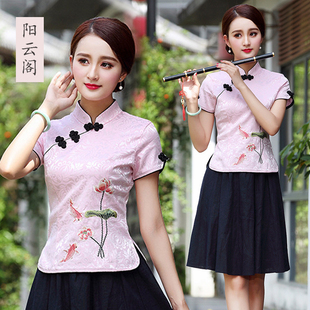 春夏短袖女上衣国民装民族中国风唐装旗袍两件套工作服表演茶艺服
