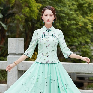 旗袍兩件套上衣春夏服女中國風(fēng)大碼 女茶服 改良年輕七分袖 民國唐裝