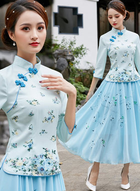复古风汉服唐装两件套改良旗袍