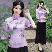 紫色改良旗袍两件套中国风绣花唐装 新中式 采耳服上衣 新款 2026夏季