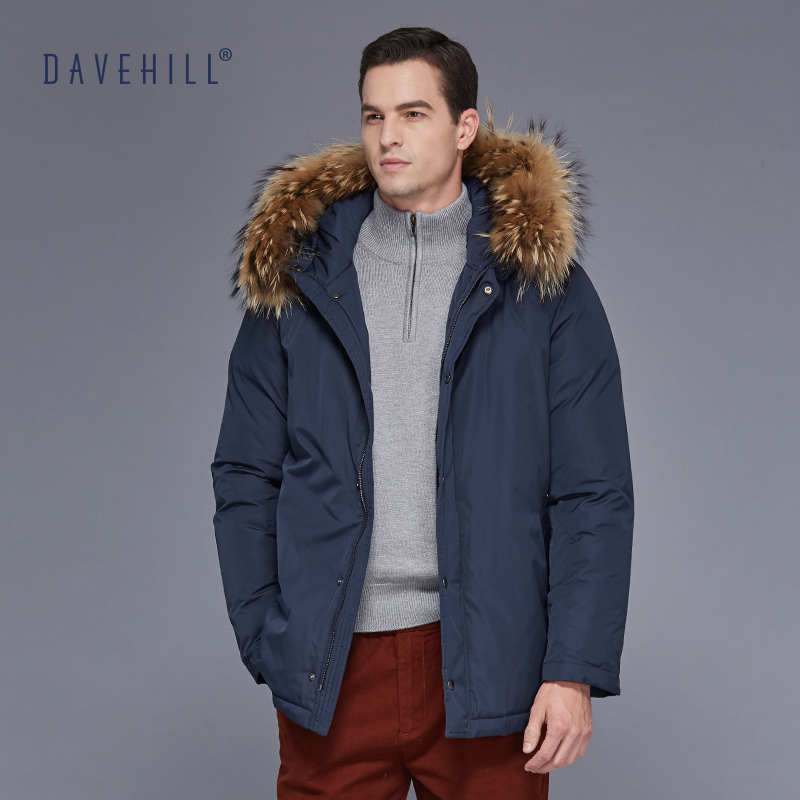 davehill大卫山男装白鸭绒羽绒服短款防寒冬季商务连帽貉子毛51