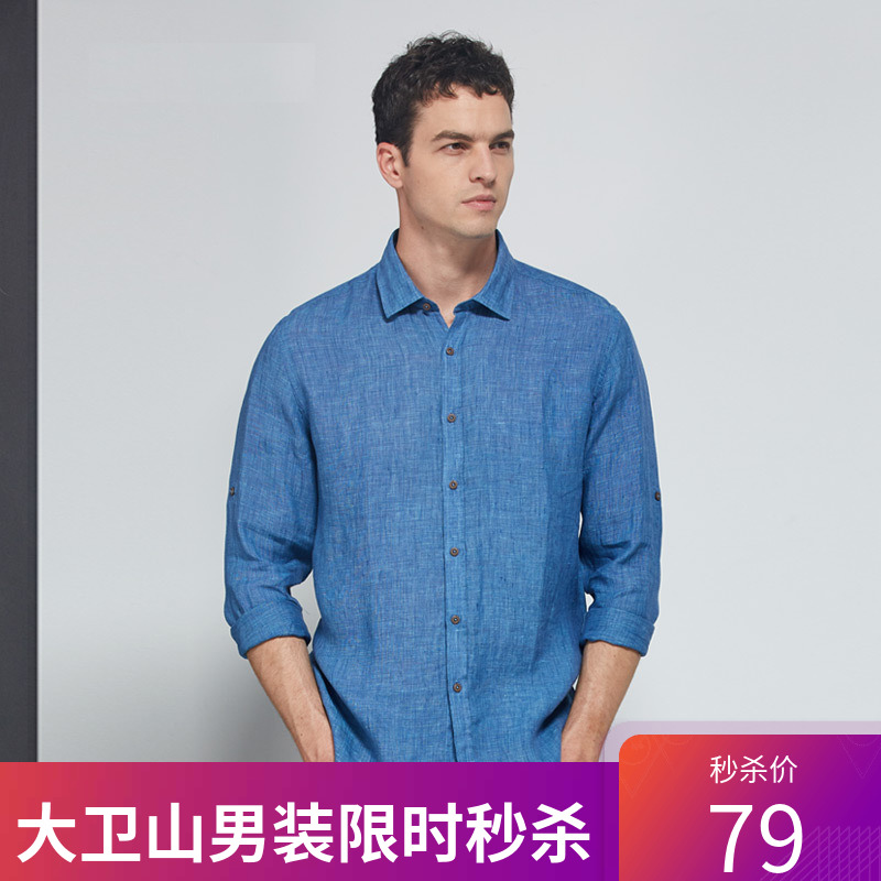 大卫山新款翻领衬衣亚麻纯色时尚长袖宽松透气休闲男衬衫10