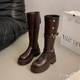 棕色长筒靴女2025新款 秋冬复古配裙子粗跟厚底高筒靴骑士靴长靴子