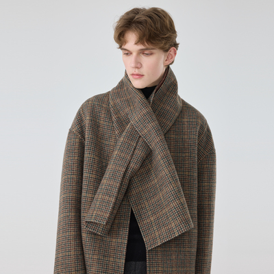 冬季短款双面羊绒大衣男士宽松格子羊毛围巾时尚高级纯手工外套潮