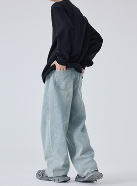 水洗蓝白直筒牛仔裤 秋季新品原创设计宽松休闲拖地中腰长裤潮流